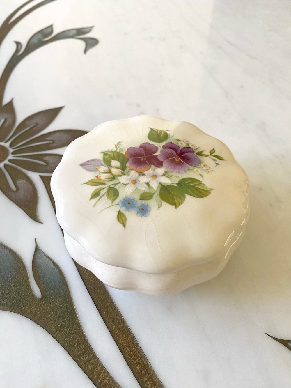 Vintage Floral Porcelain Jewelry/Trinket Box in Ivory with Hand-Painted Flowers